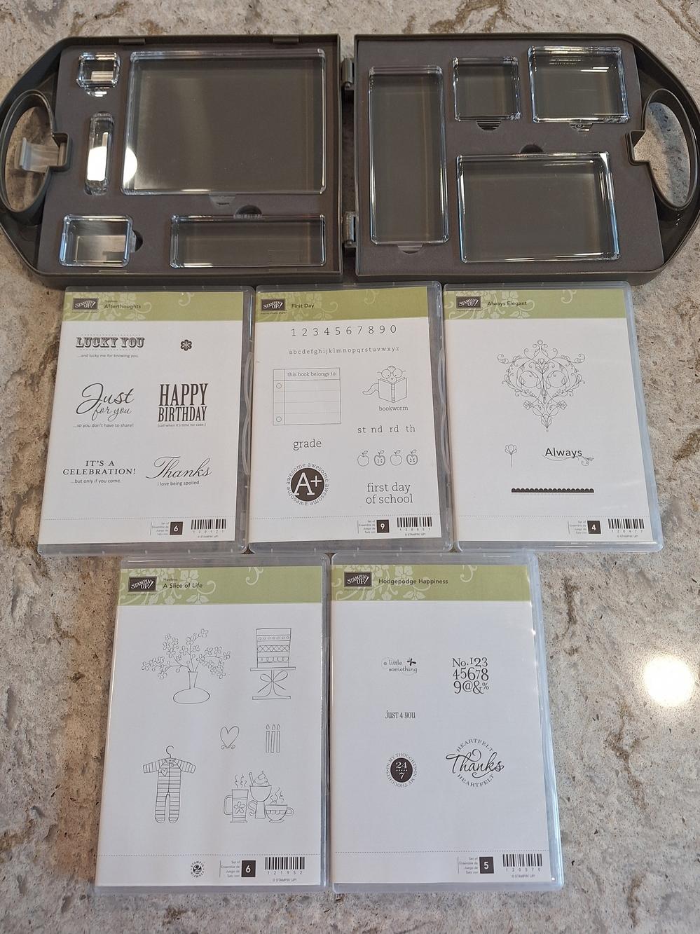Stampin Up BRAND NEW Acrylic Blocks/Storage Caddy/5 Sets of Clear-Mount Stamps
